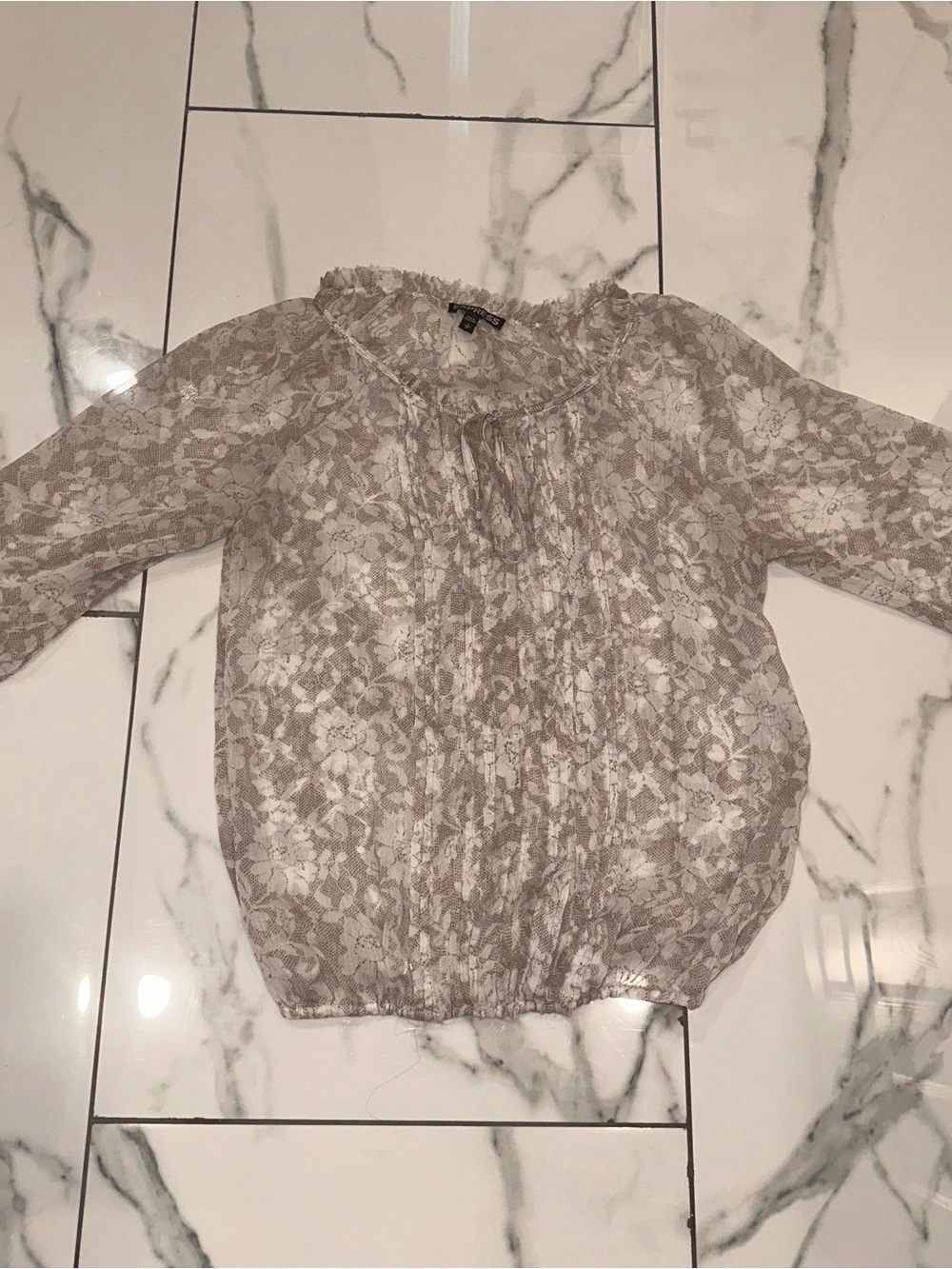 Express Lace Floral Long-Sleeve Blouse in Taupe